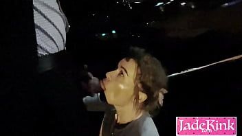 Play Slut gets cum on her face in public parking lot