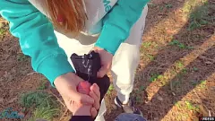 Play Stranger Gets Handjob Outdoors, Cums on MILF's Pantyhose