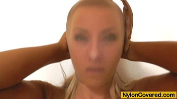 Play Blonde plus nylon mask on her face